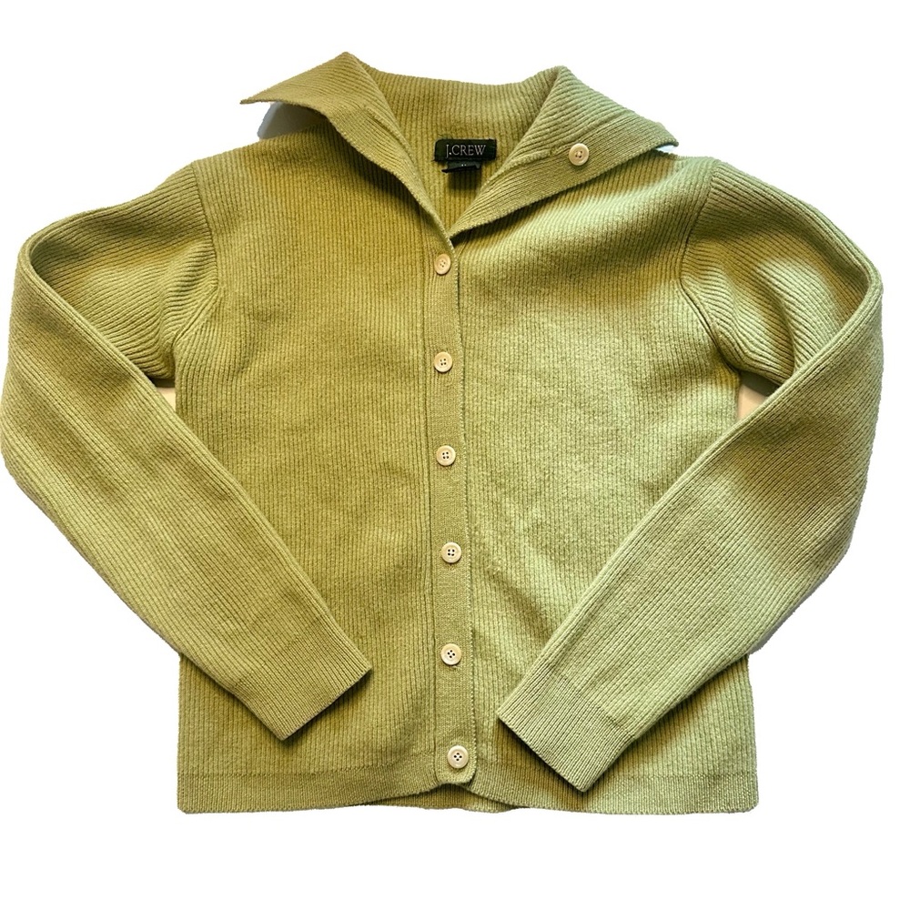 Vintage 90s Women's J Crew Merino Wool Ribbed Knit Button Cardigan Lime Green